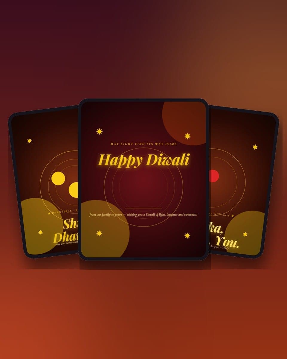 Diwali 2026 Card Templates: Which Card to Send on Dhanteras, Diwali, Bhai Dooj and Chhath — real MomentoCard cards