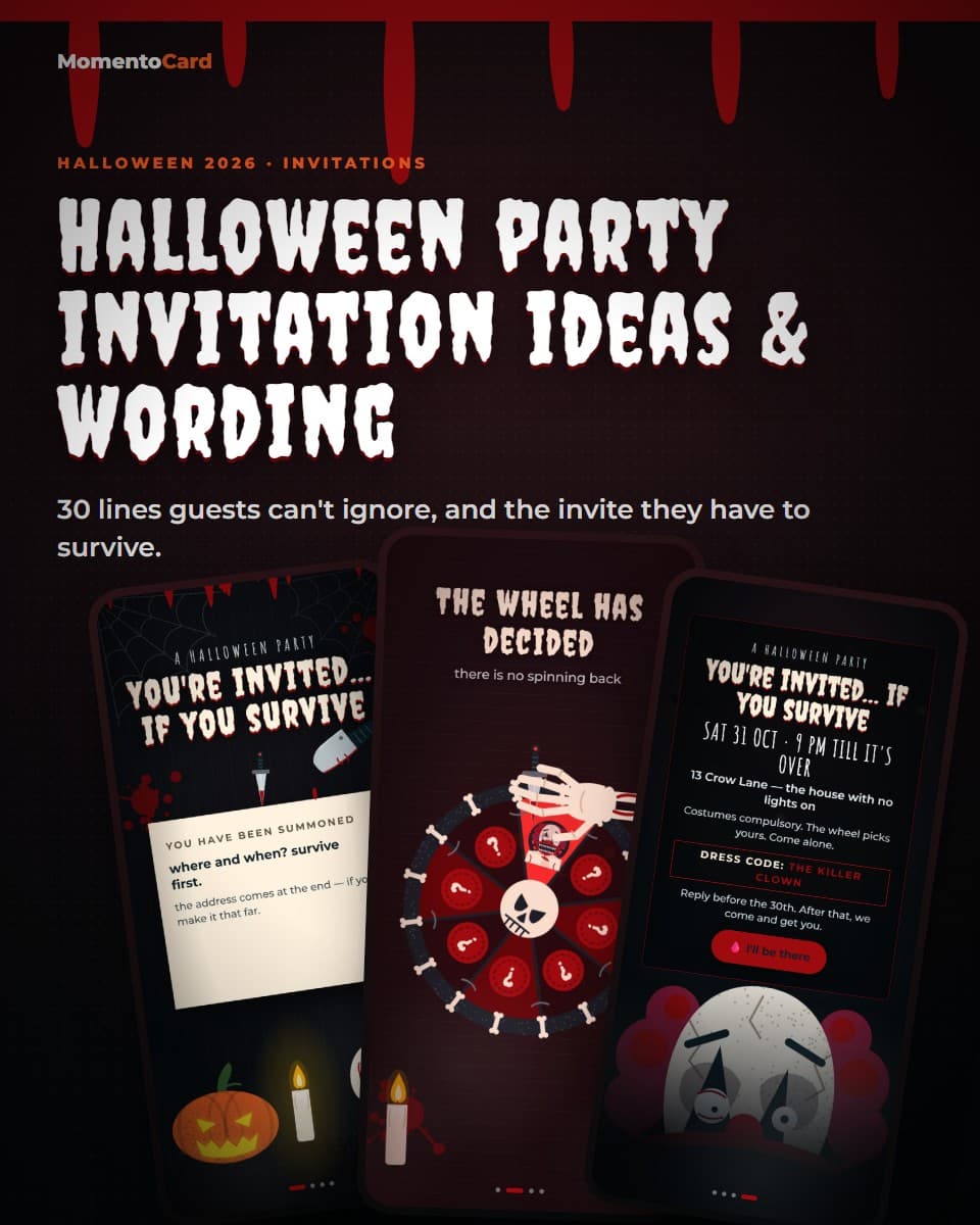 Halloween Party Invitation Ideas & Wording (2026): 30 Lines Guests Can't Ignore — real MomentoCard cards