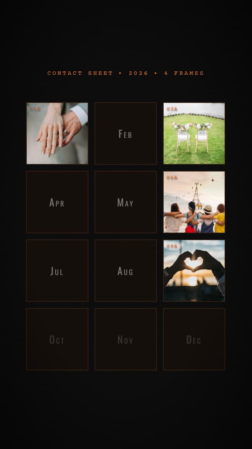 A contact sheet on black: a grid of twelve small film frames, four with colour photos and the rest showing the month's name