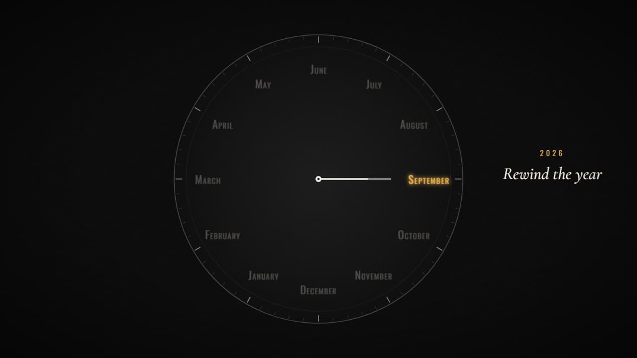 The Rewind card in 16:9: the month clock centred with September lit gold and the title to the right