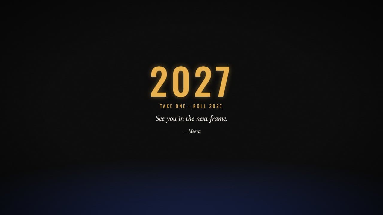 The Rewind card in 16:9: the year 2027 in gold with the closing line and signature