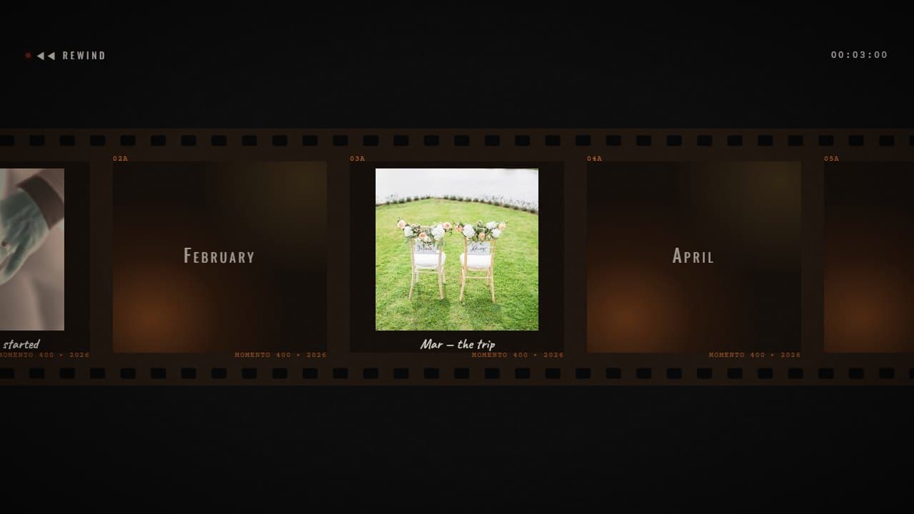 The Rewind card in 16:9: the 35 mm strip across a wide screen with four frames visible, March in colour at the centre