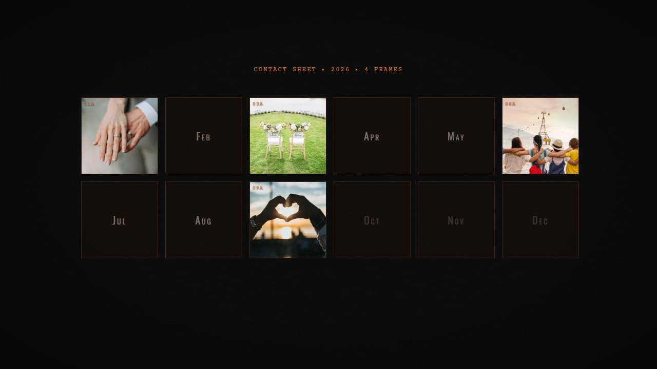 The Rewind card in 16:9: the contact sheet, twelve frames in two rows