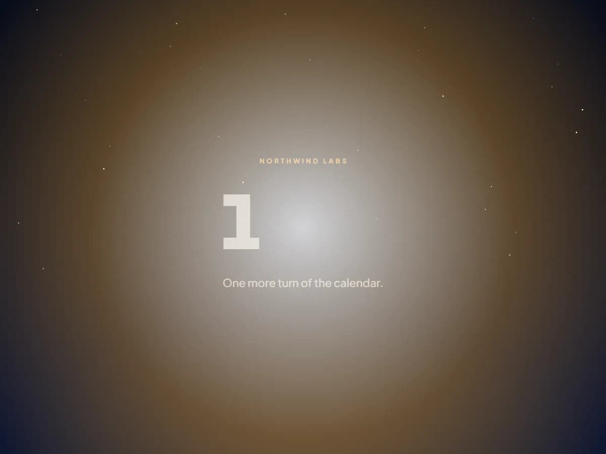 The Corporate New Year card at midnight: the company name in its brand colour above a countdown digit inside a faint ring, on a starry navy sky