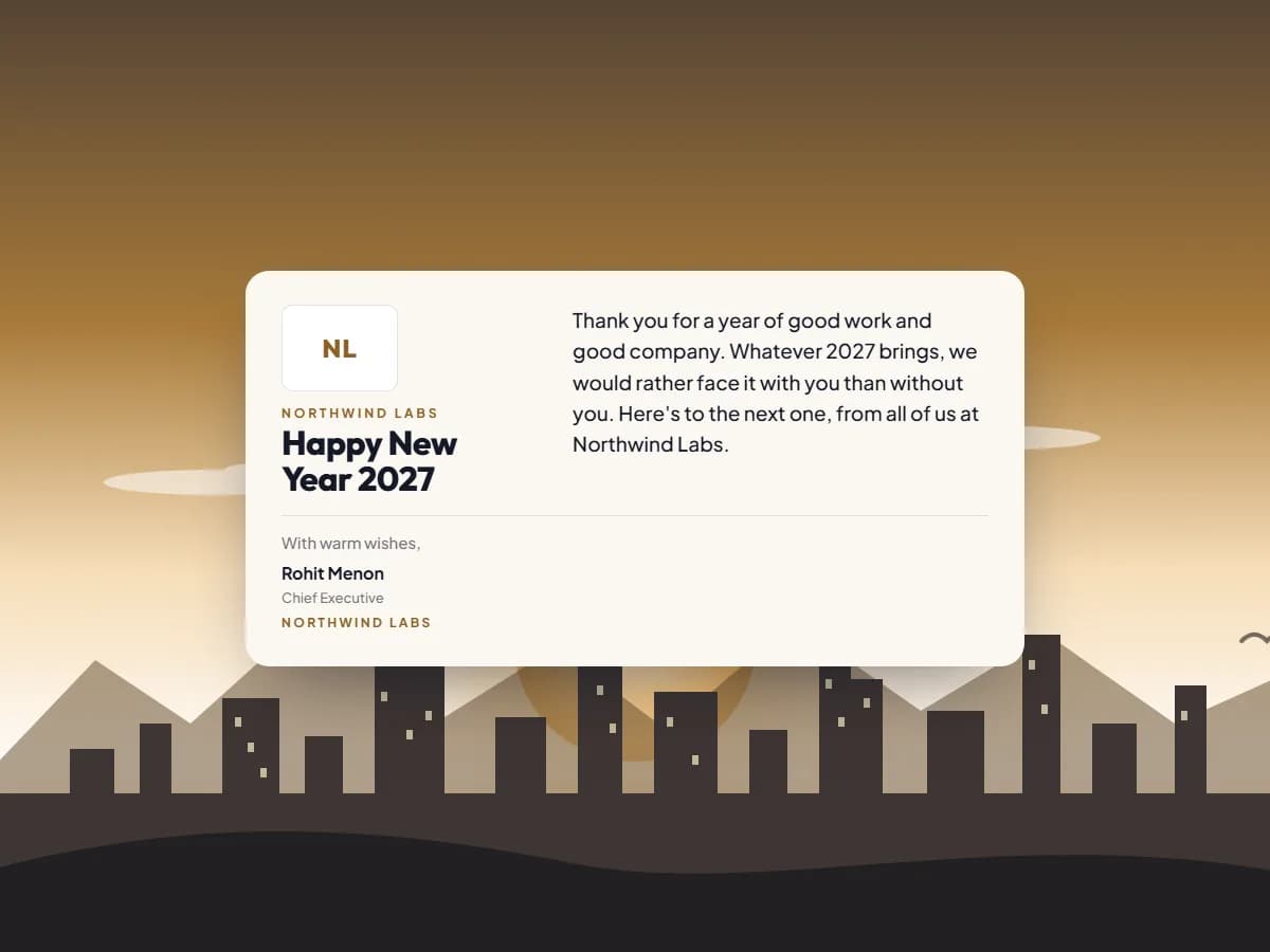 The closing note of the Corporate New Year card: the company logo, Happy New Year 2027, the message, a sign-off with the sender's name and designation, over a sunrise skyline