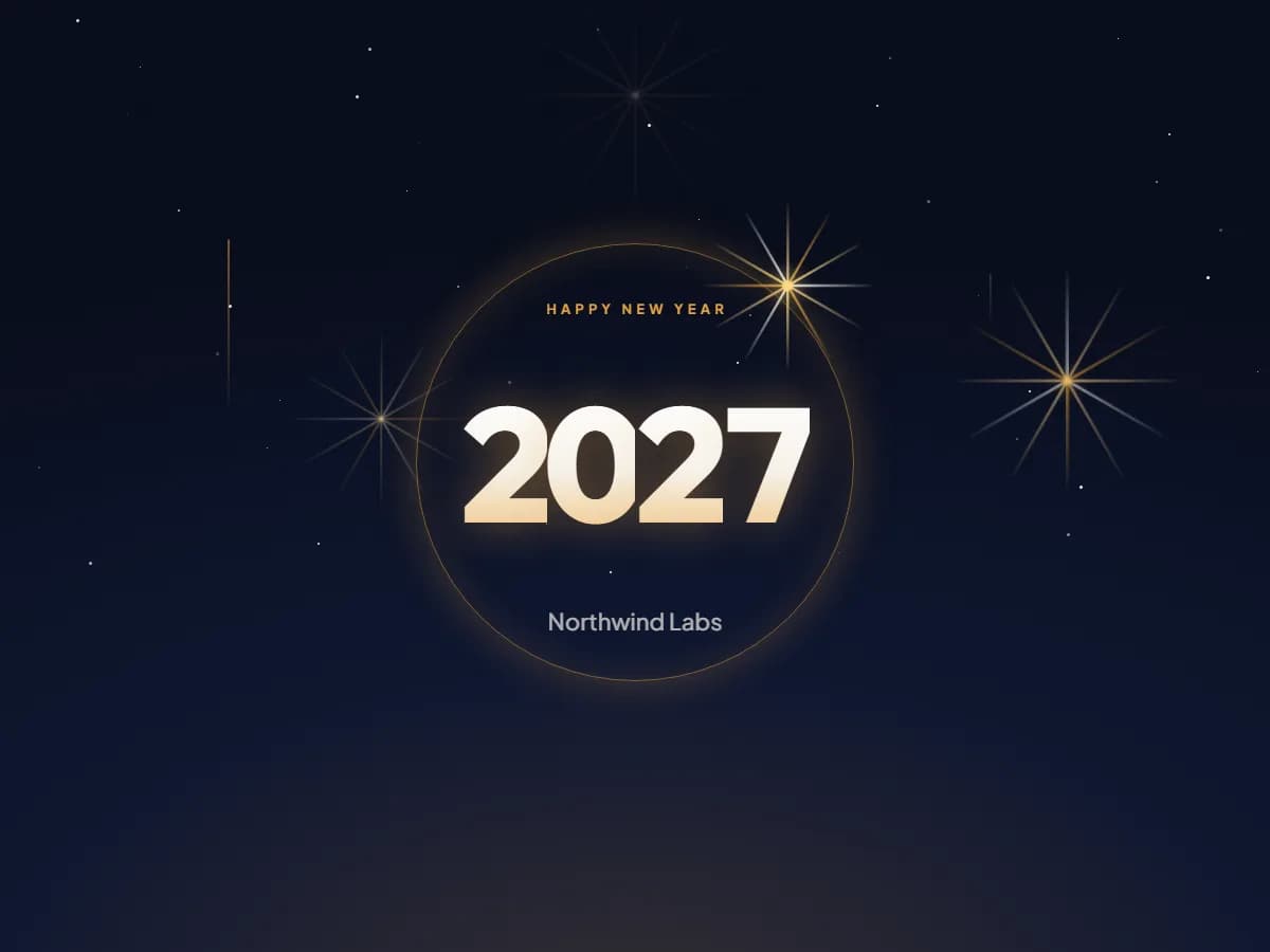 The four digits of 2027 landing inside a ring of light in the company's brand colour, with fireworks over a night sky and the company name beneath