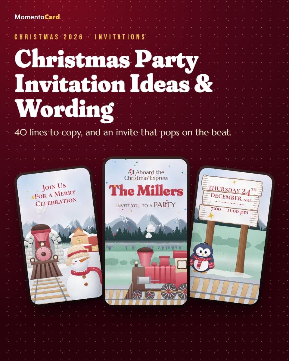 Christmas Party Invitation Wording & Ideas (2026): 40 Lines to Copy — real MomentoCard cards