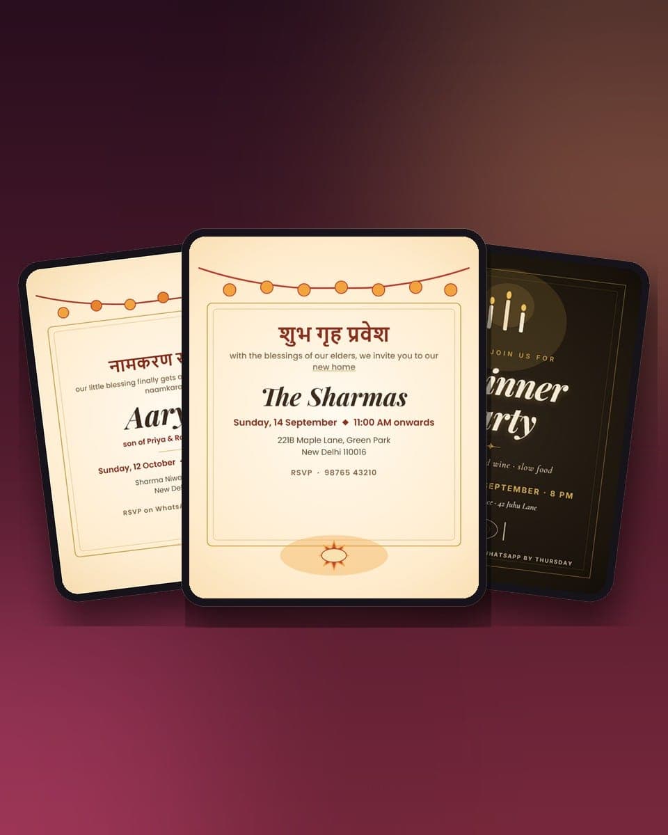 Invitation Card Templates: Which Animated Invite for Griha Pravesh, Housewarming, Naamkaran, Mundan, Baby Shower, Dinner and Kitty Party — real MomentoCard cards