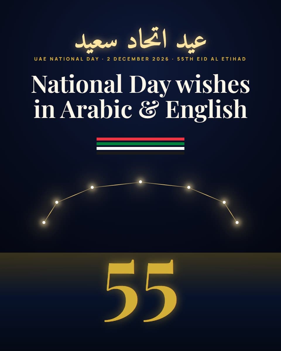 UAE National Day Wishes & Messages 2026: Arabic and English Lines for the 55th Eid Al Etihad — real MomentoCard cards