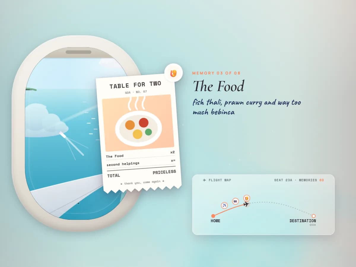 The Window Seat travel card: a restaurant-bill keepsake reading Table for Two beside an aeroplane window over a turquoise sea, with the flight map from Home to Destination below