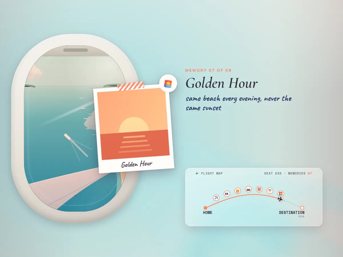 The Window Seat travel card at golden hour: a sunset polaroid beside the window, the sea outside tinted orange, seven memories collected on the flight map