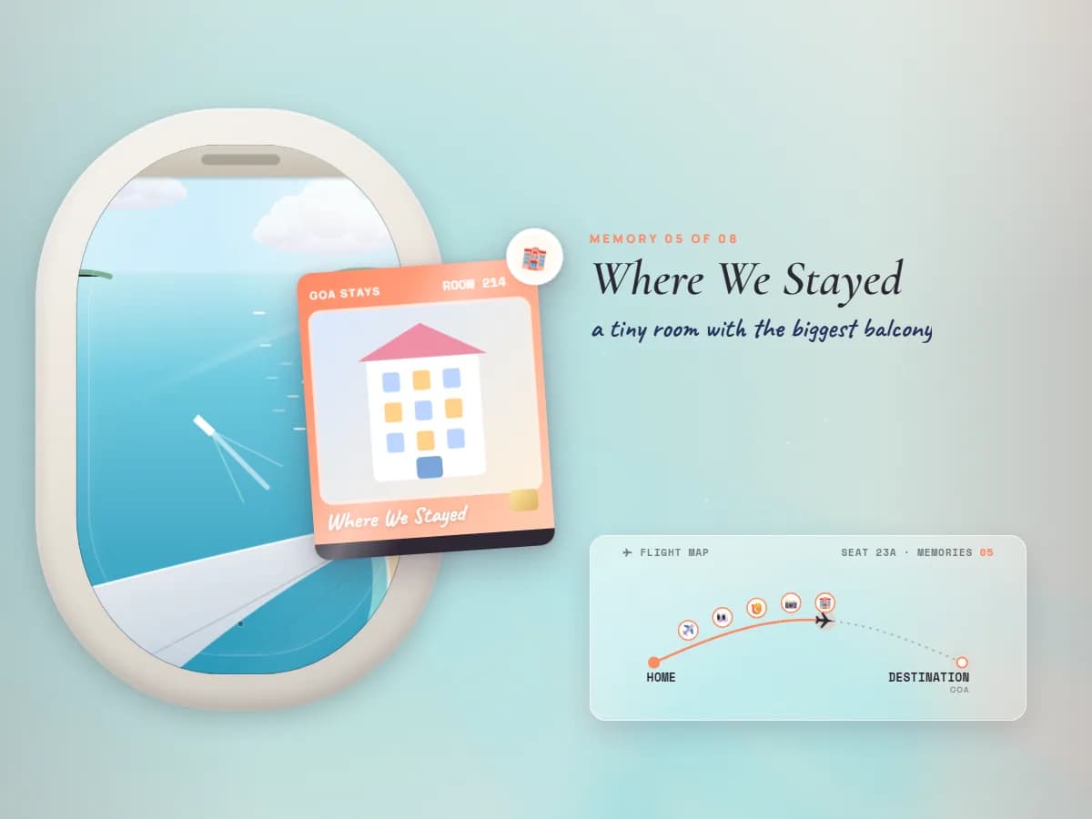 The Window Seat travel card: a hotel key card keepsake for Room 214 beside the window, with five memory icons collected along the flight map