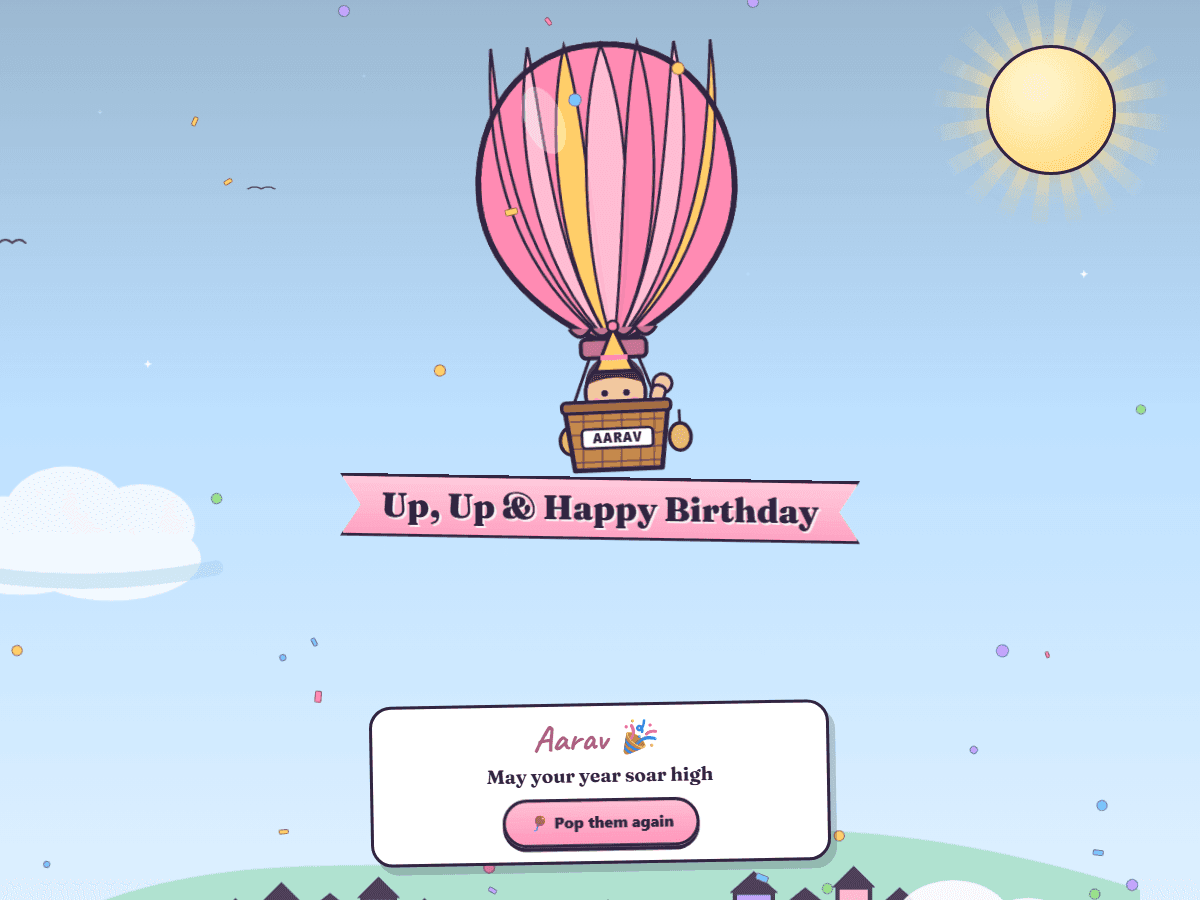 An animated birthday invitation card with balloons lifting the birthday message into a bright sky