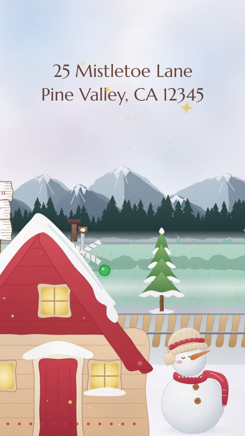A red A-frame cabin in the snow beside a snowman, under the address 25 Mistletoe Lane, Pine Valley