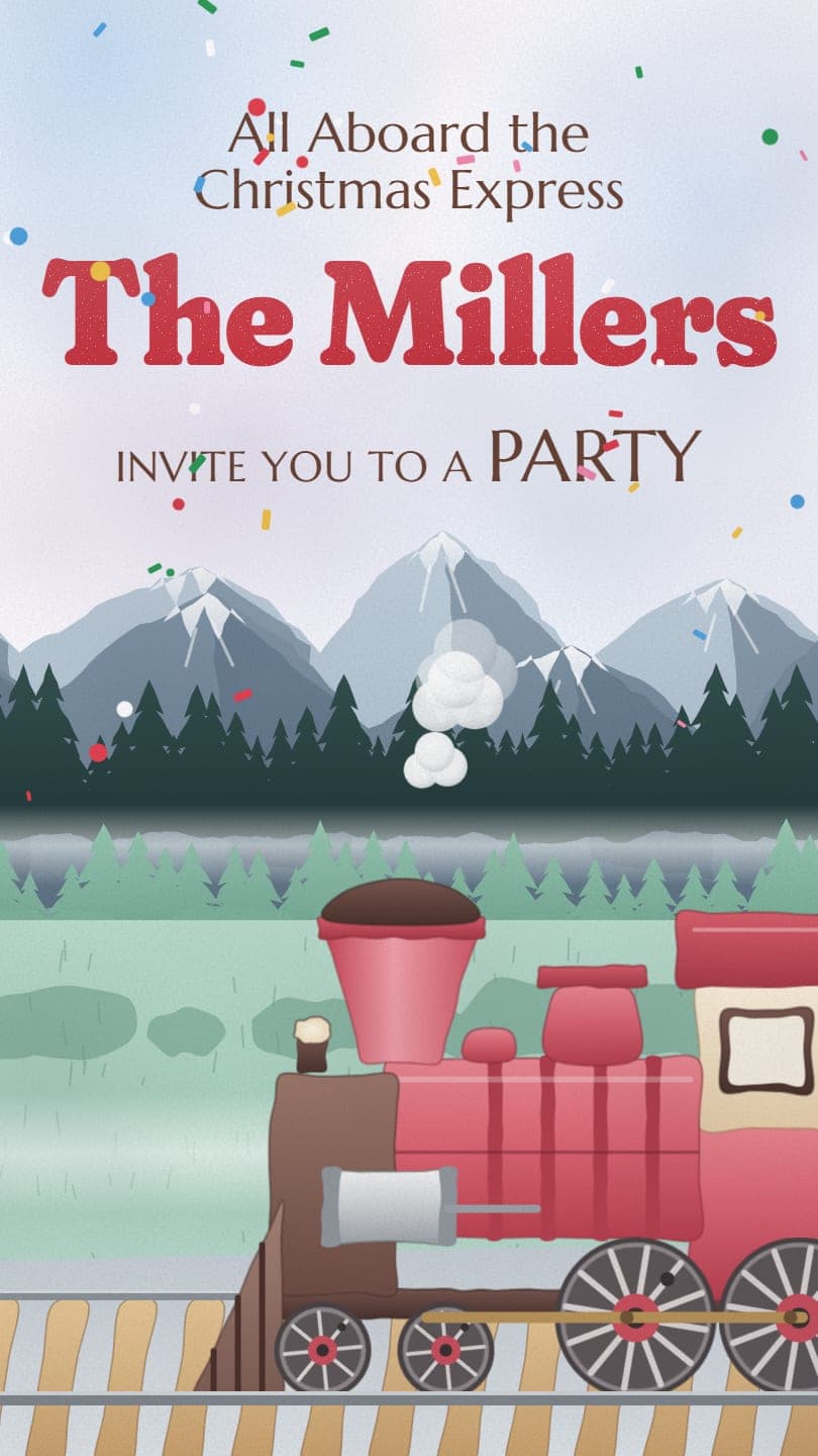 A red watercolour steam train crossing a mountain valley under All Aboard the Christmas Express, The Millers, invite you to a party, with confetti