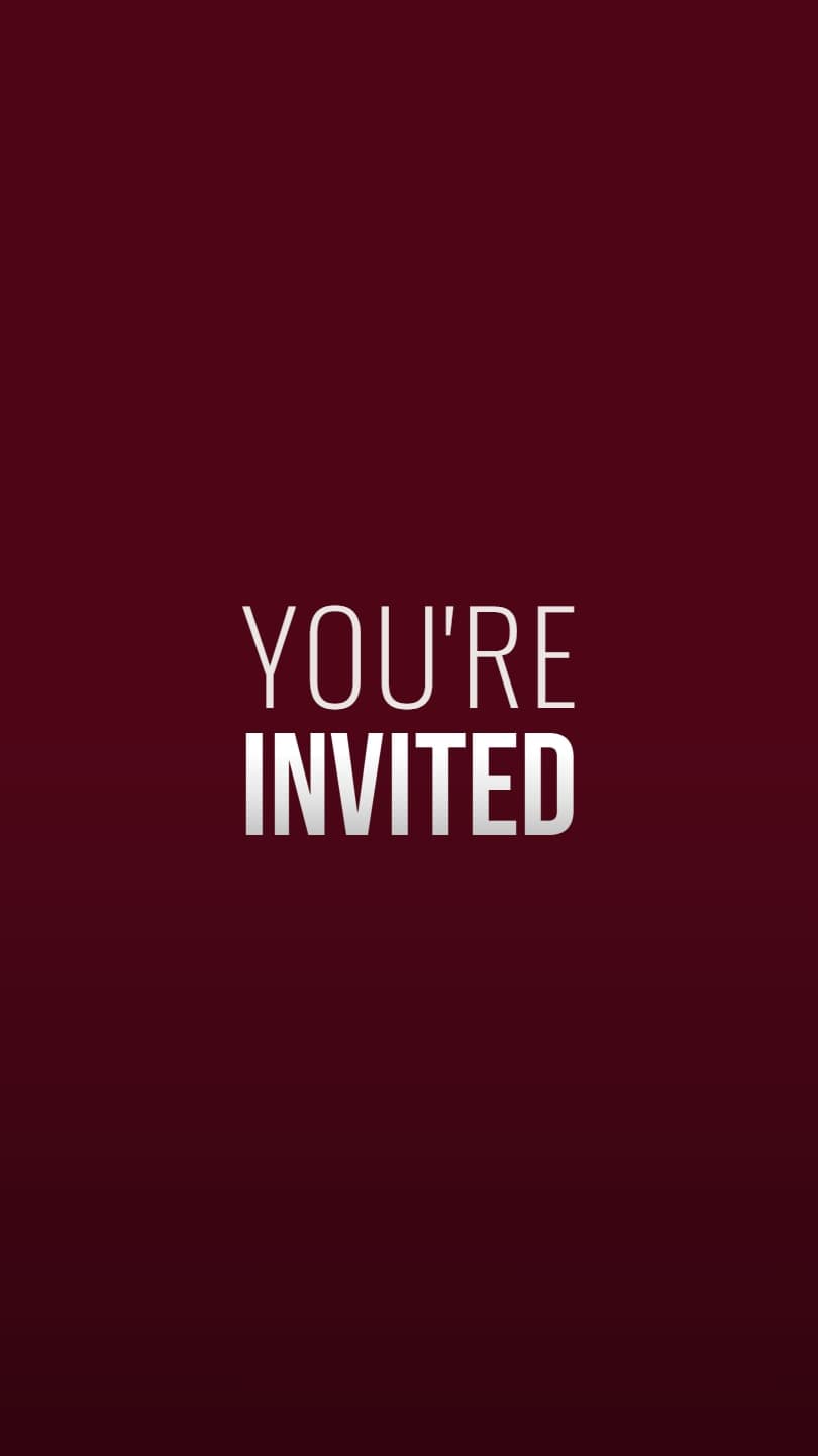 YOU'RE INVITED in tall white and silver capitals on a deep maroon screen, the last word of a beat-cut teaser