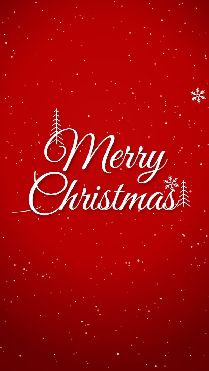 Merry Christmas in white script with two line-drawn pines on red glitter snow