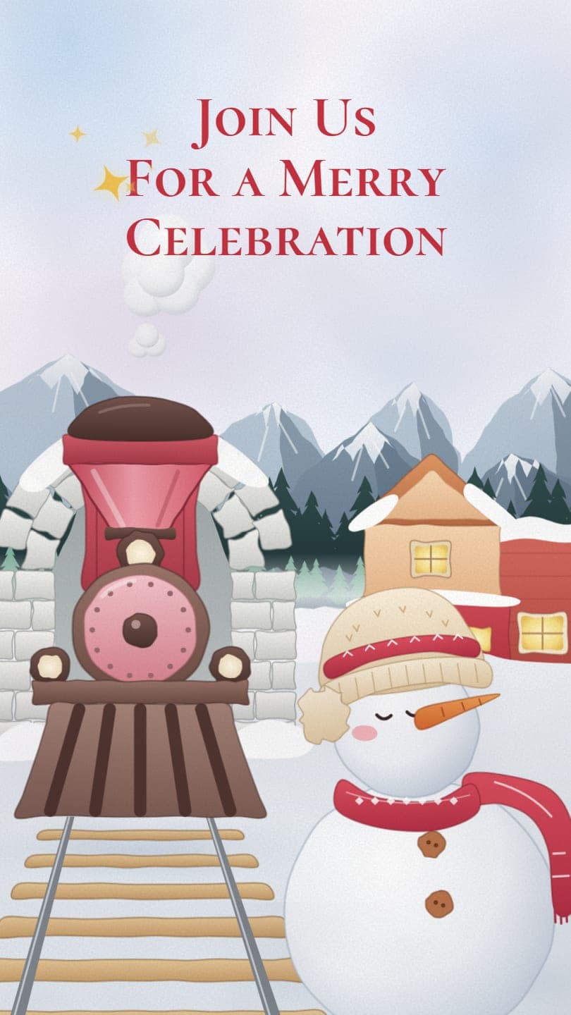 A watercolour red steam engine coming out of a snowy stone arch beside a snowman in a knitted beanie, under Join Us For a Merry Celebration