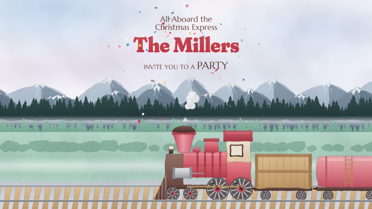 The Christmas Express invitation in 16:9: the red train with a crate wagon and a tanker crossing a wide mountain valley under the host's name