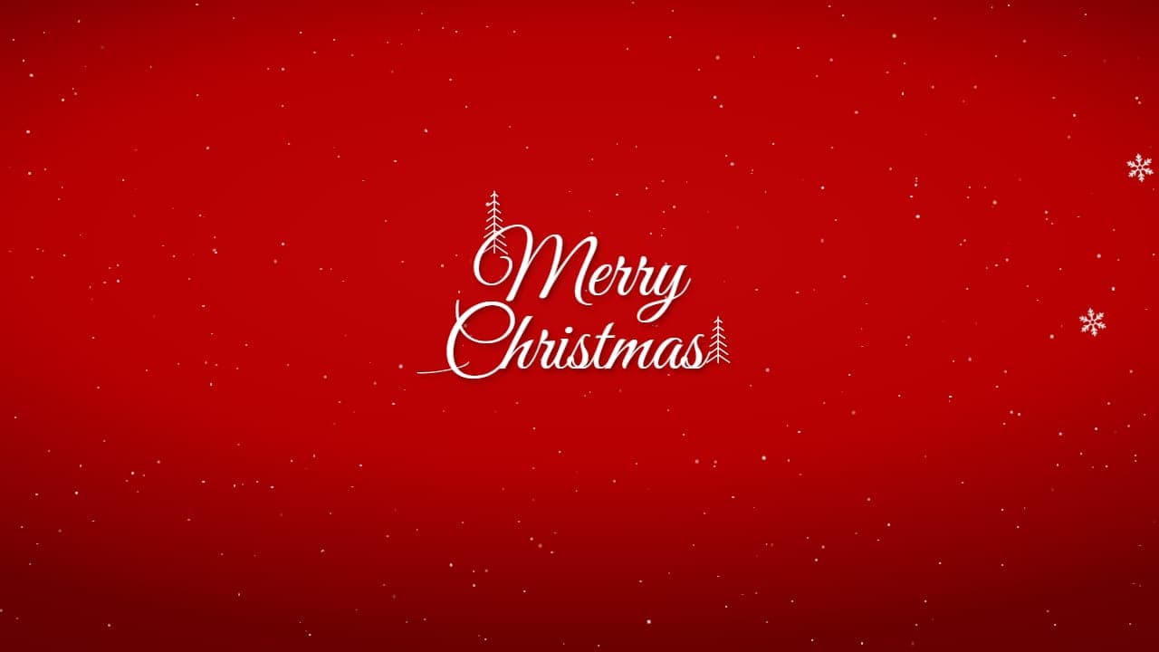 The Christmas Express invitation in 16:9: Merry Christmas in white script on red glitter snow