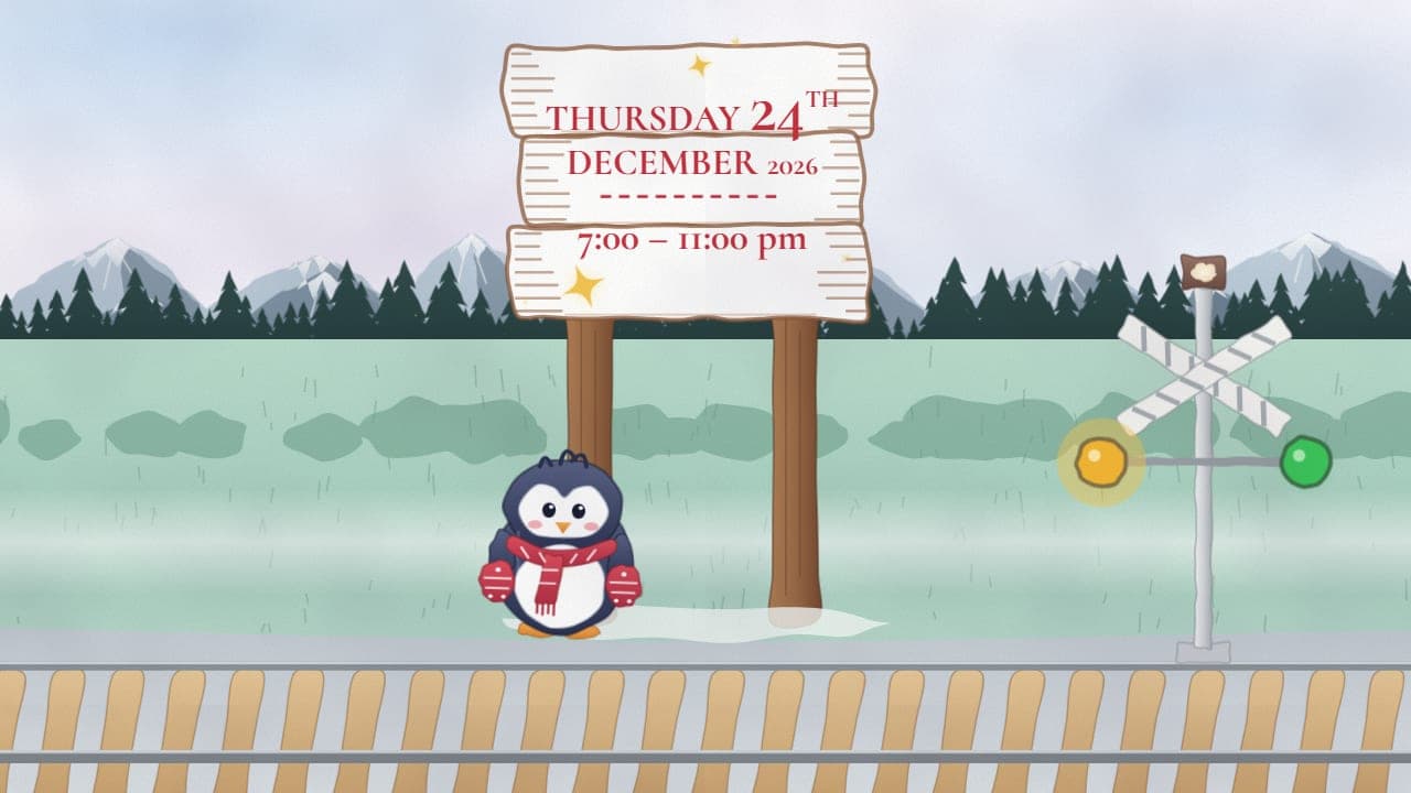 The Christmas Express invitation in 16:9: the date on a wooden signboard with a penguin, a level crossing signal to the right