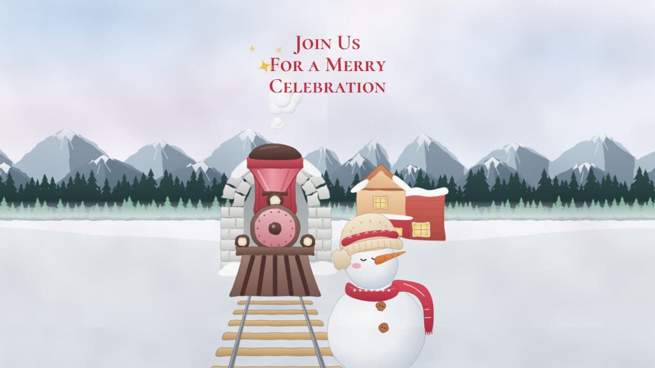 The Christmas Express invitation in 16:9: the steam engine under a stone arch with a snowman and cottages, under Join Us For a Merry Celebration
