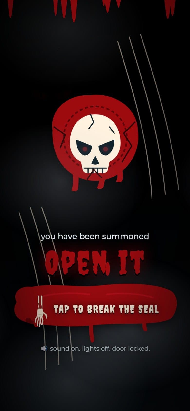 Opening screen of the Blood Party Halloween invitation: a bleeding wax seal with a skull, claw marks on the glass and the words OPEN IT