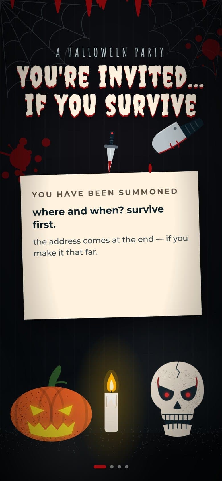 Summons scene of the Halloween party invitation: a pinned note with the guest's name, blood dripping onto a jack-o'-lantern, a candle and a skull