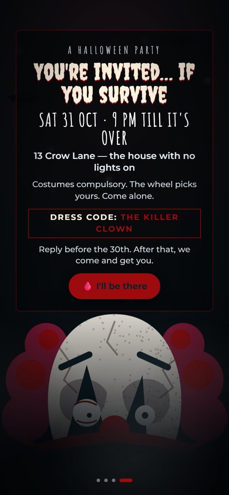 Final scene of the Halloween party invitation: the full invitation with date, time, venue, a dress code naming the costume and an RSVP button above a grinning clown