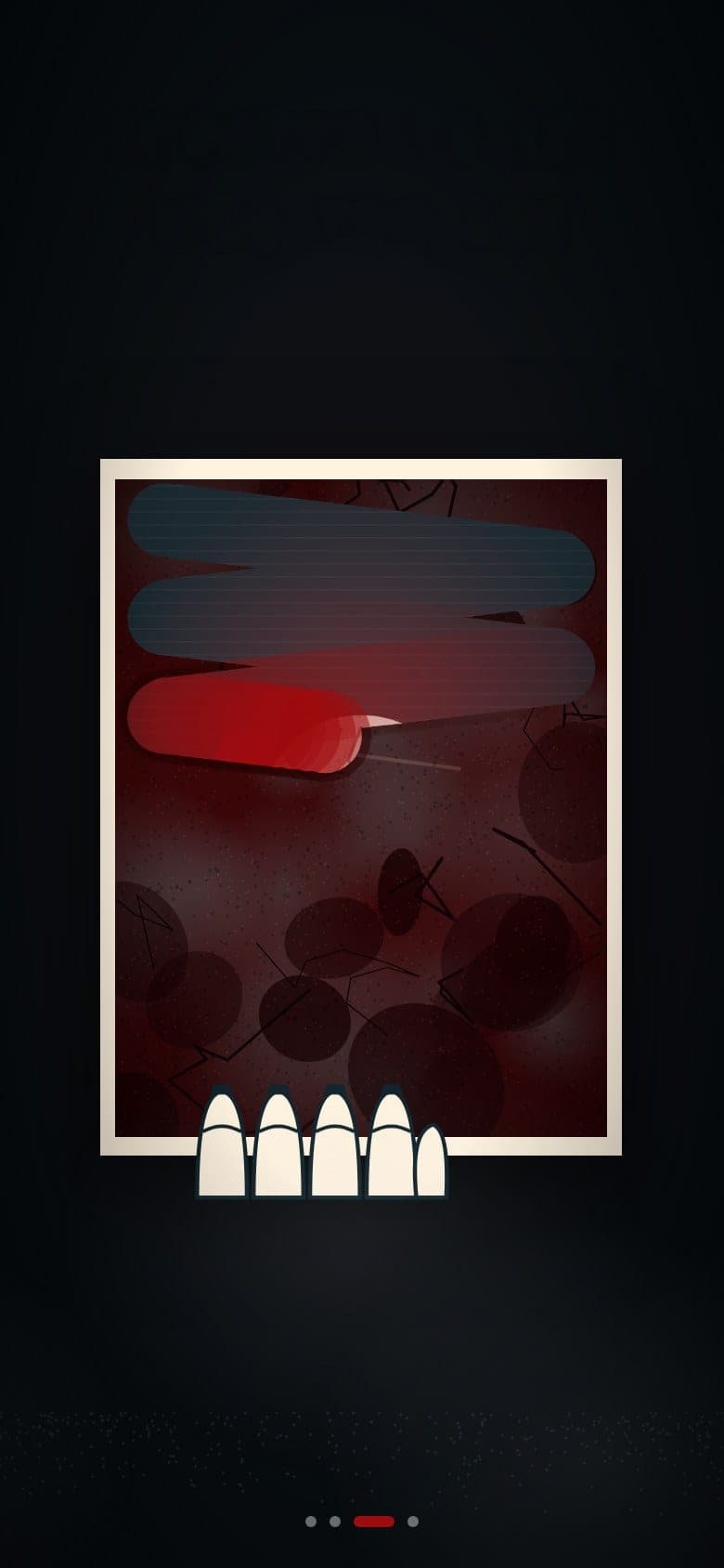 Scratch card scene of the Halloween party invitation: a card crusted in dried blood half scratched away to reveal a grinning killer clown