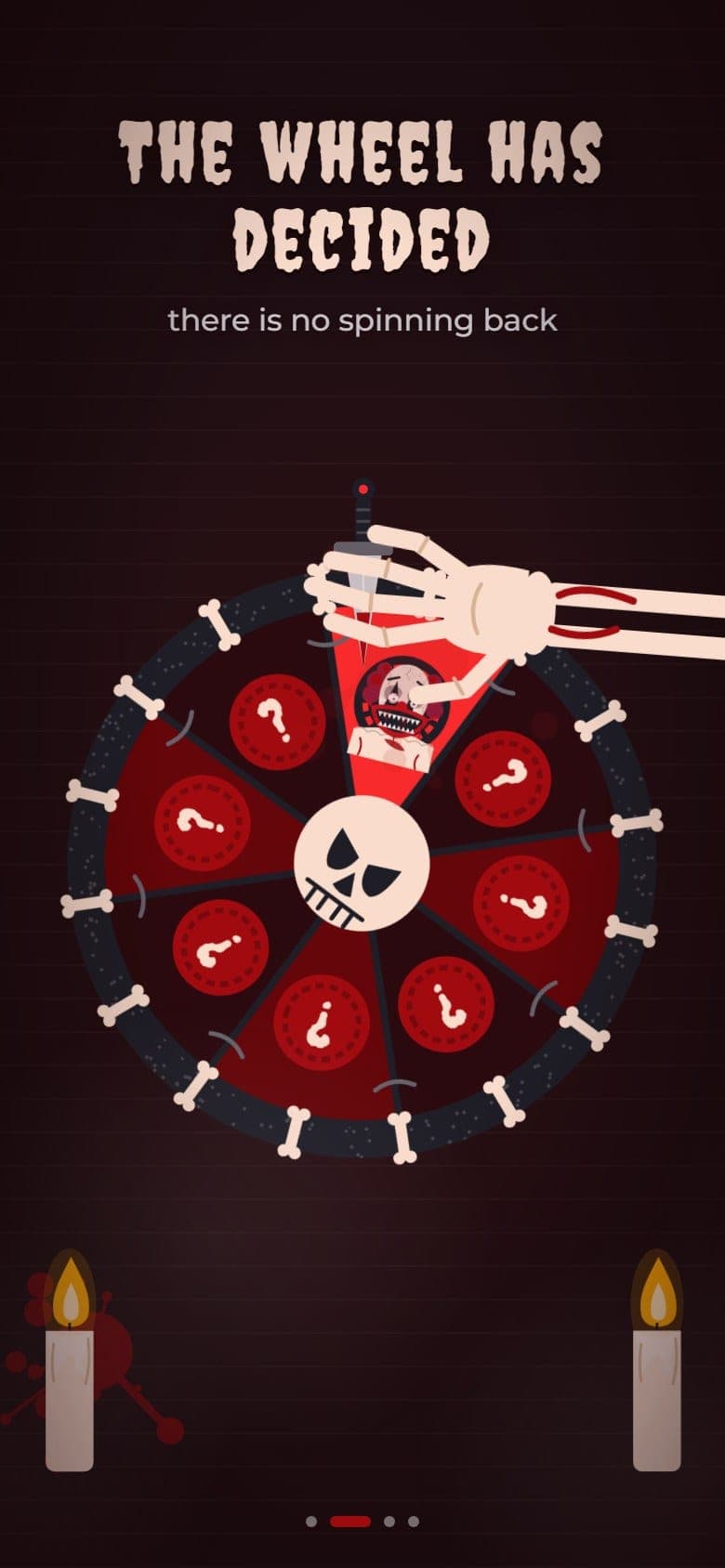 Wheel scene of the Halloween party invitation: a wheel of eight sealed red wedges ringed with bones, a dagger pointer and yellow eyes opening on the rim