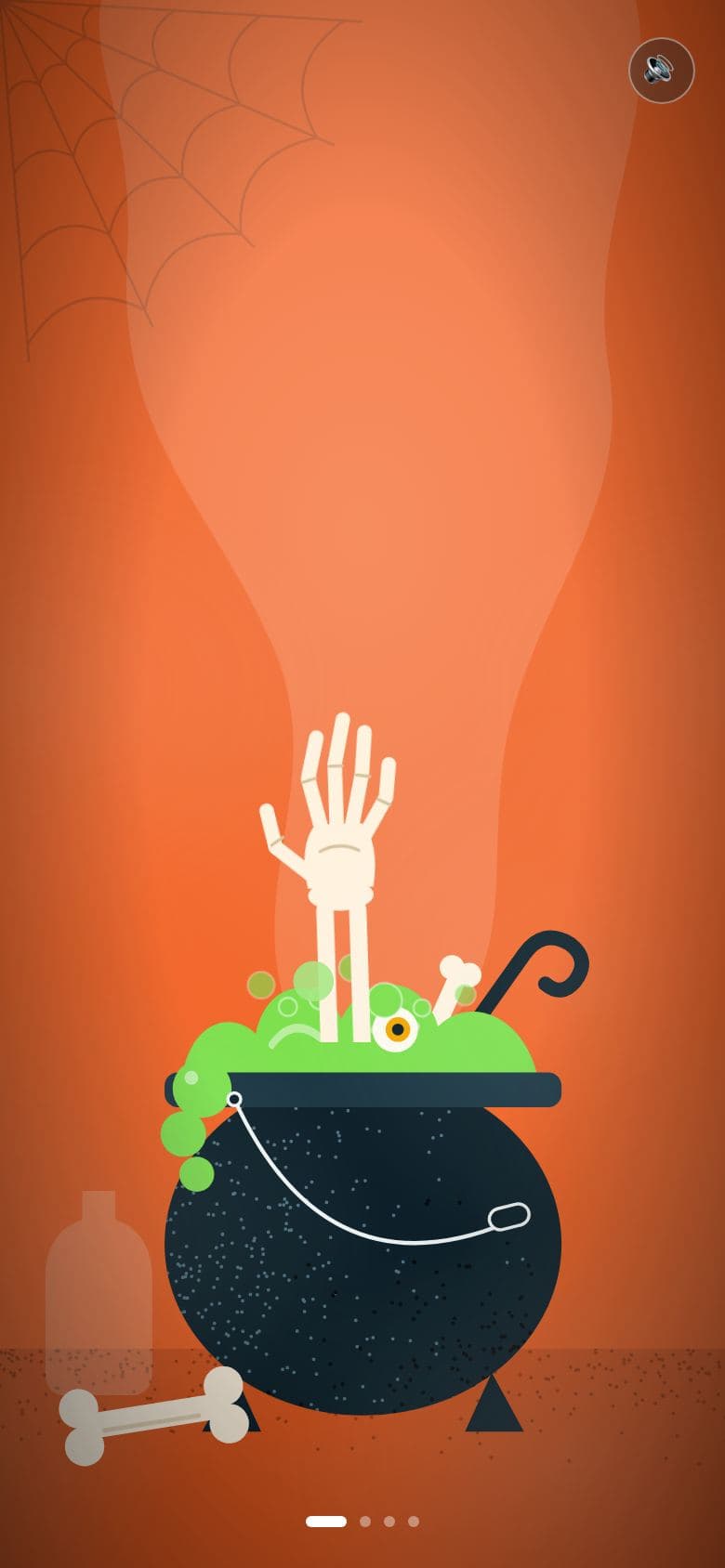 Cauldron room of the scary Halloween card: a skeleton hand rising out of a bubbling green cauldron on an orange poster background
