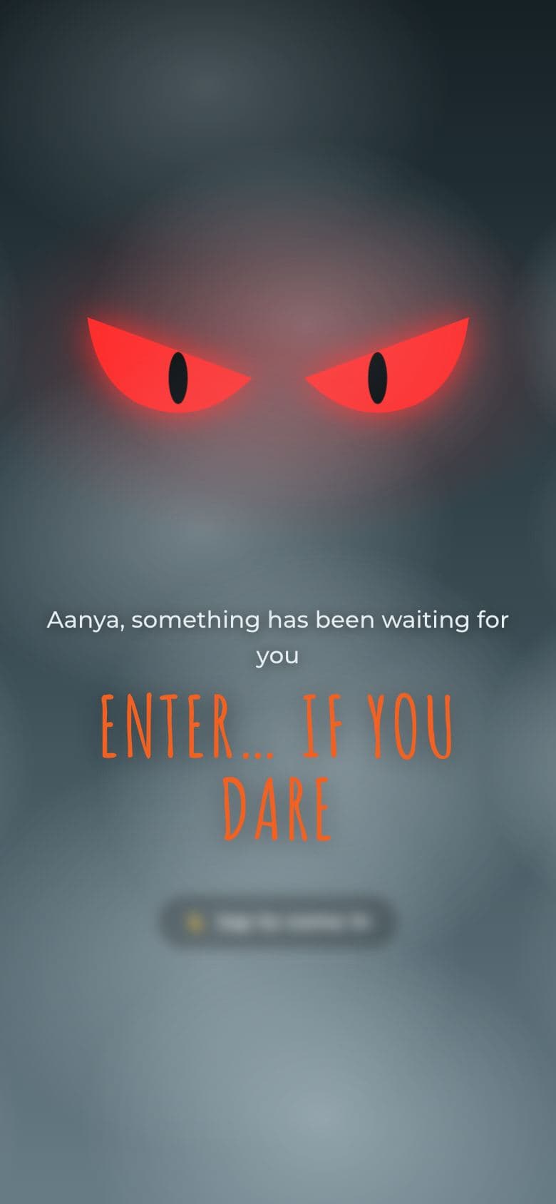 Opening scene of the Spooky Brew scary Halloween card: two glowing red eyes in grey fog above the recipient's name and the words Enter if you dare