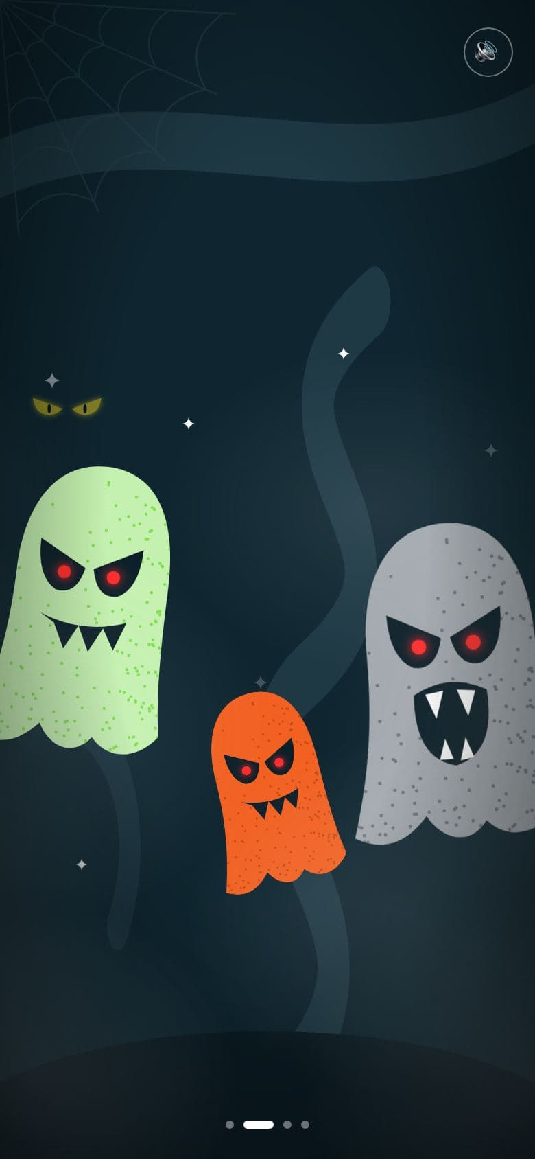 Ghost hallway room of the scary Halloween card: three ghosts with red eyes and fangs bearing down on a dark teal background