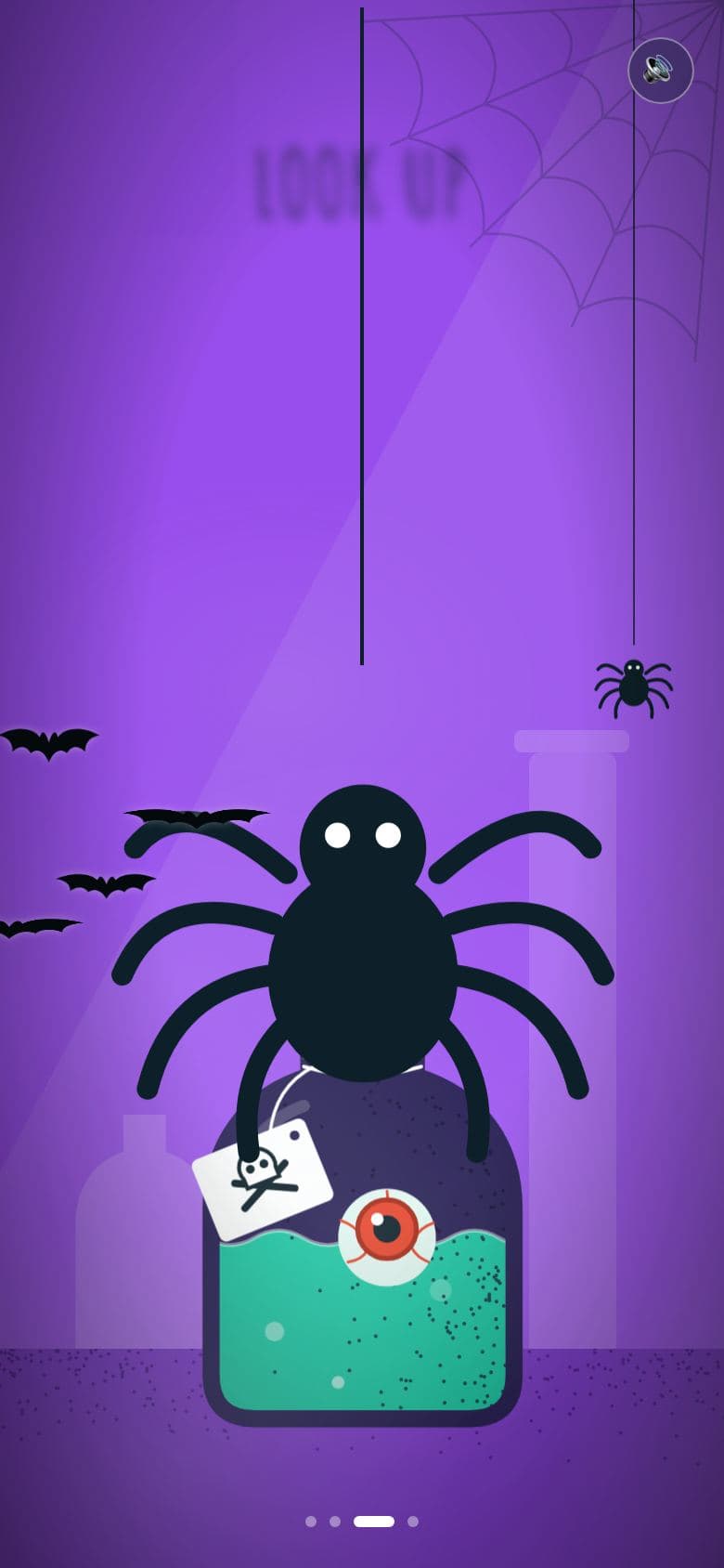 Potion room of the scary Halloween card: a giant black spider dropping onto a poison bottle with an eyeball, on a purple background