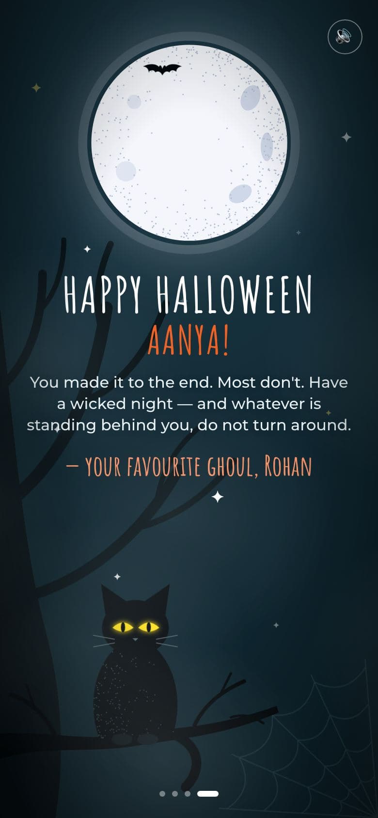 Final scene of the scary Halloween card: a full moon and a black cat with yellow eyes above Happy Halloween, the recipient's name and the sender's wish