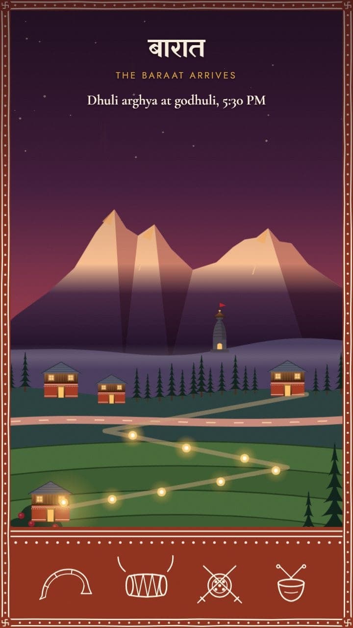 Fifth scene of the Kumaoni wedding invitation: a line of lanterns winding down a green hill at dusk to a lit house, above an aipan frieze of a ransingha, dhol, chholiya swords and shield and damau