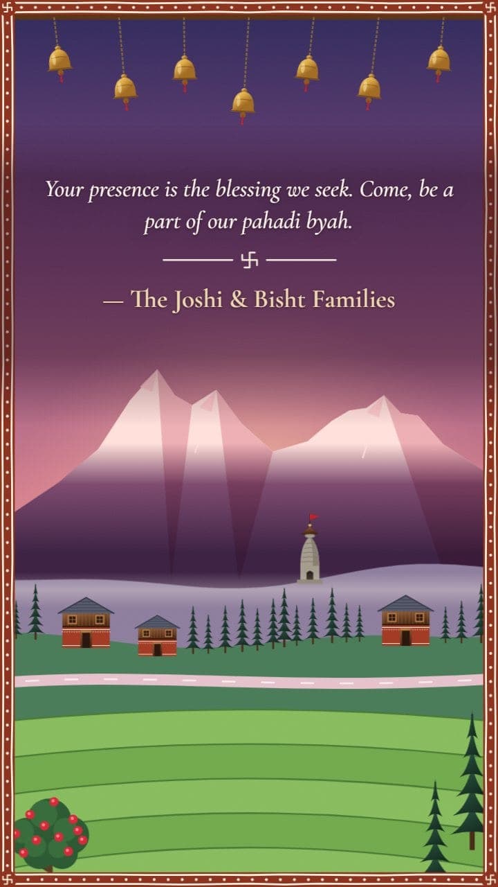 Last scene of the Kumaoni wedding invitation: brass temple bells hanging over a green valley at dawn with pink snow peaks, the closing message and the families' names