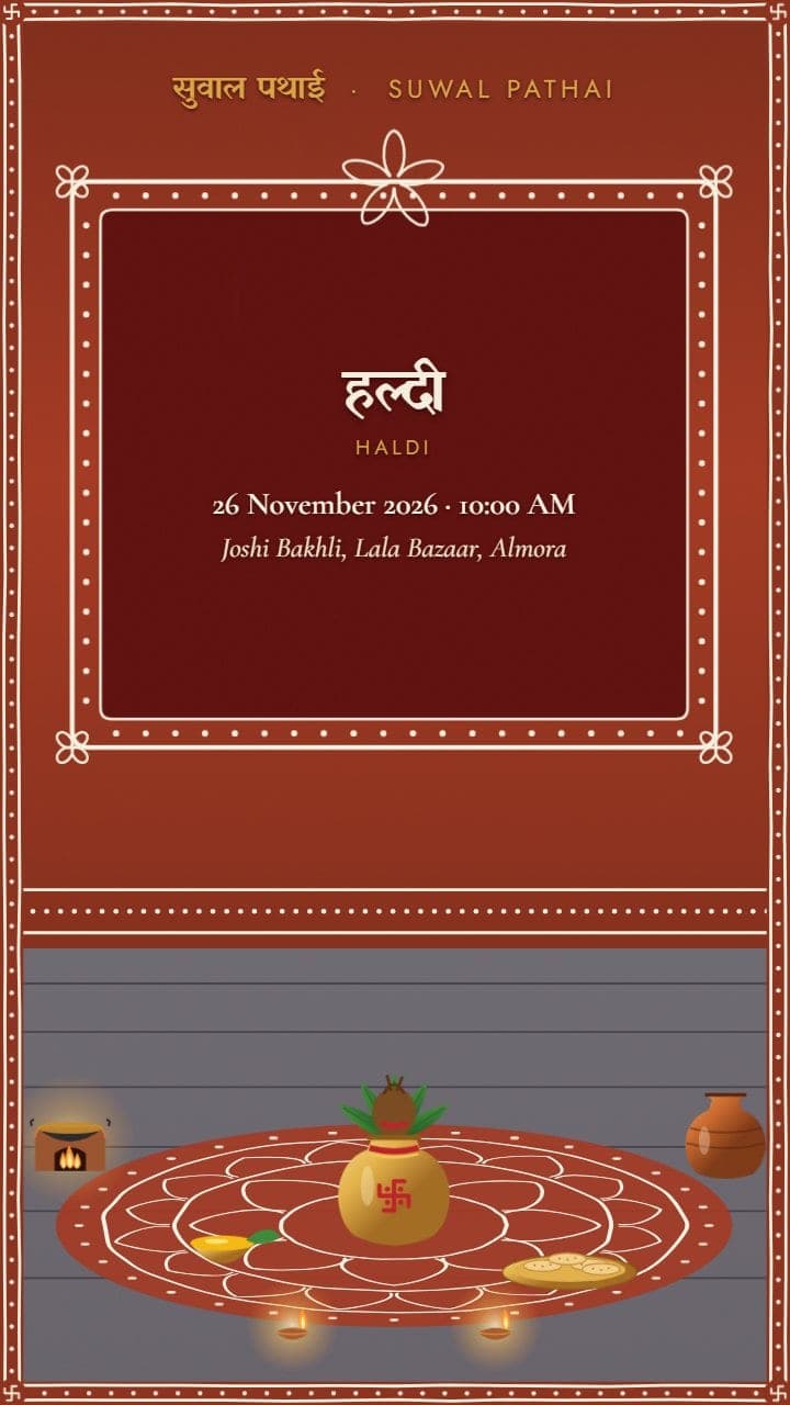 Third scene of the Kumaoni wedding invitation: a brass kalash, haldi bowl, parat of suwal, copper gagri and diyas on an aipan chowki in a courtyard, below the haldi details painted on a geru wall