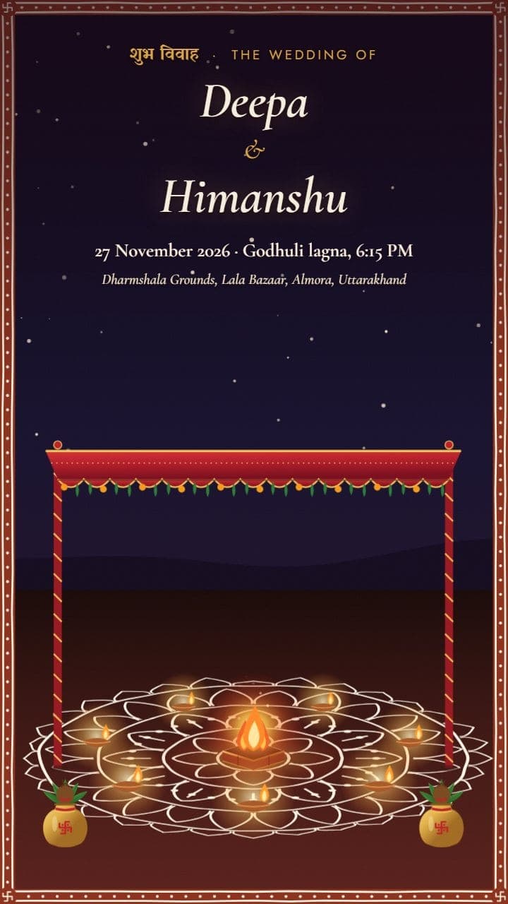 Sixth scene of the Kumaoni wedding invitation: seven diyas lit round a havan kund inside a large white aipan lotus under a red mandap at night, with the couple's names and the wedding date