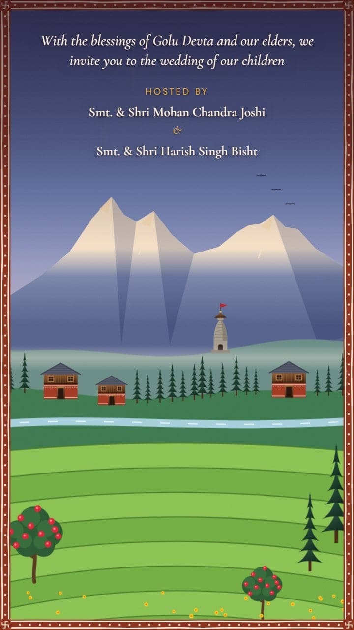 Second scene of the Kumaoni wedding invitation: snow peaks above a green valley with terraced fields, deodar forest, a stone temple, a river, Kumaoni houses and buransh trees in bloom, with the invitation line and the parents' names