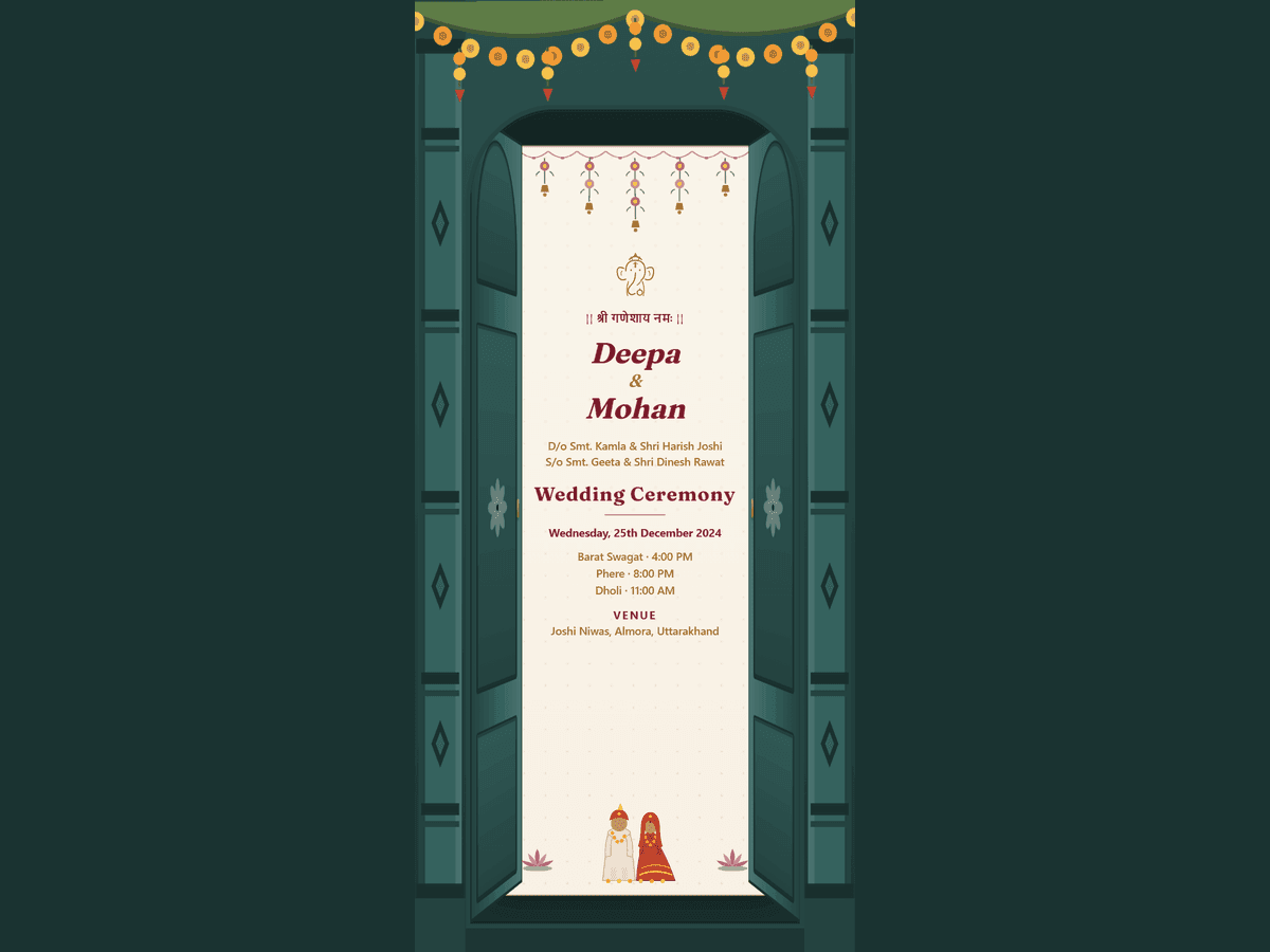 A Pahadi wedding invitation card with mountain motifs and the couple's names in traditional script
