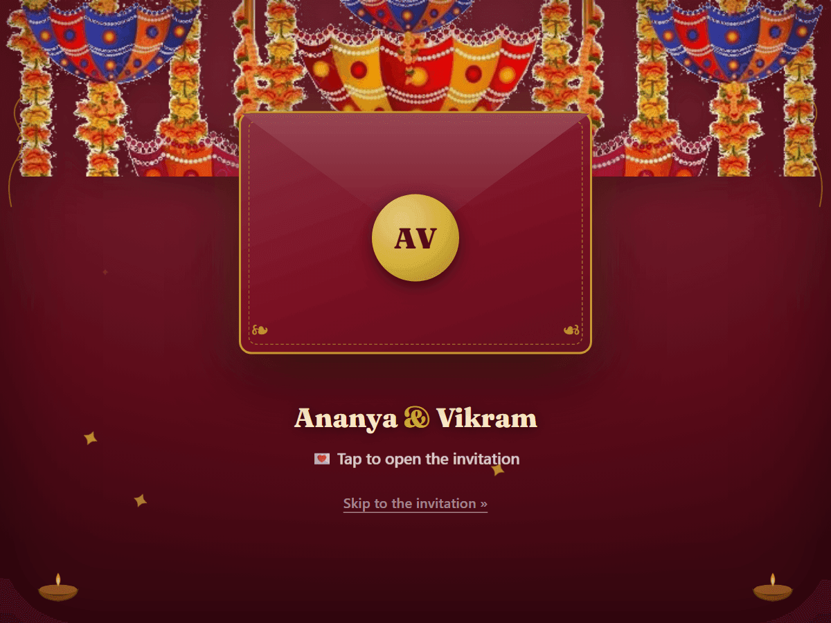 A digital Hindu wedding invitation card on MomentoCard, with the couple's names and the ceremony details in gold on a royal red backdrop