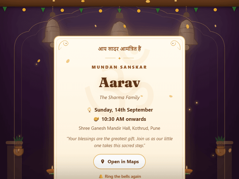 A ceremony invitation card for Mundan, Naamkaran or Annaprashan with temple bells and the event details
