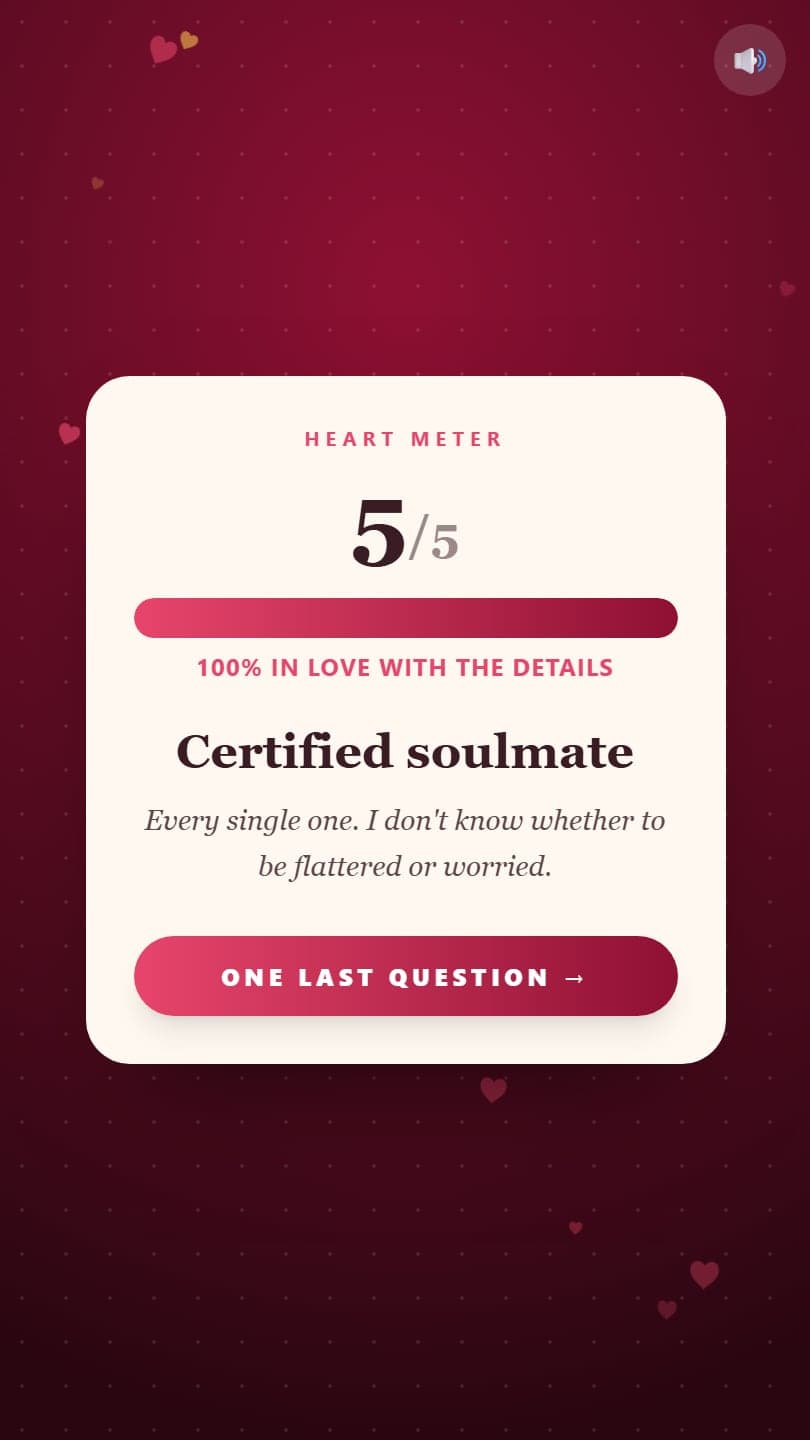 A heart meter card showing a score out of five with a verdict line below it