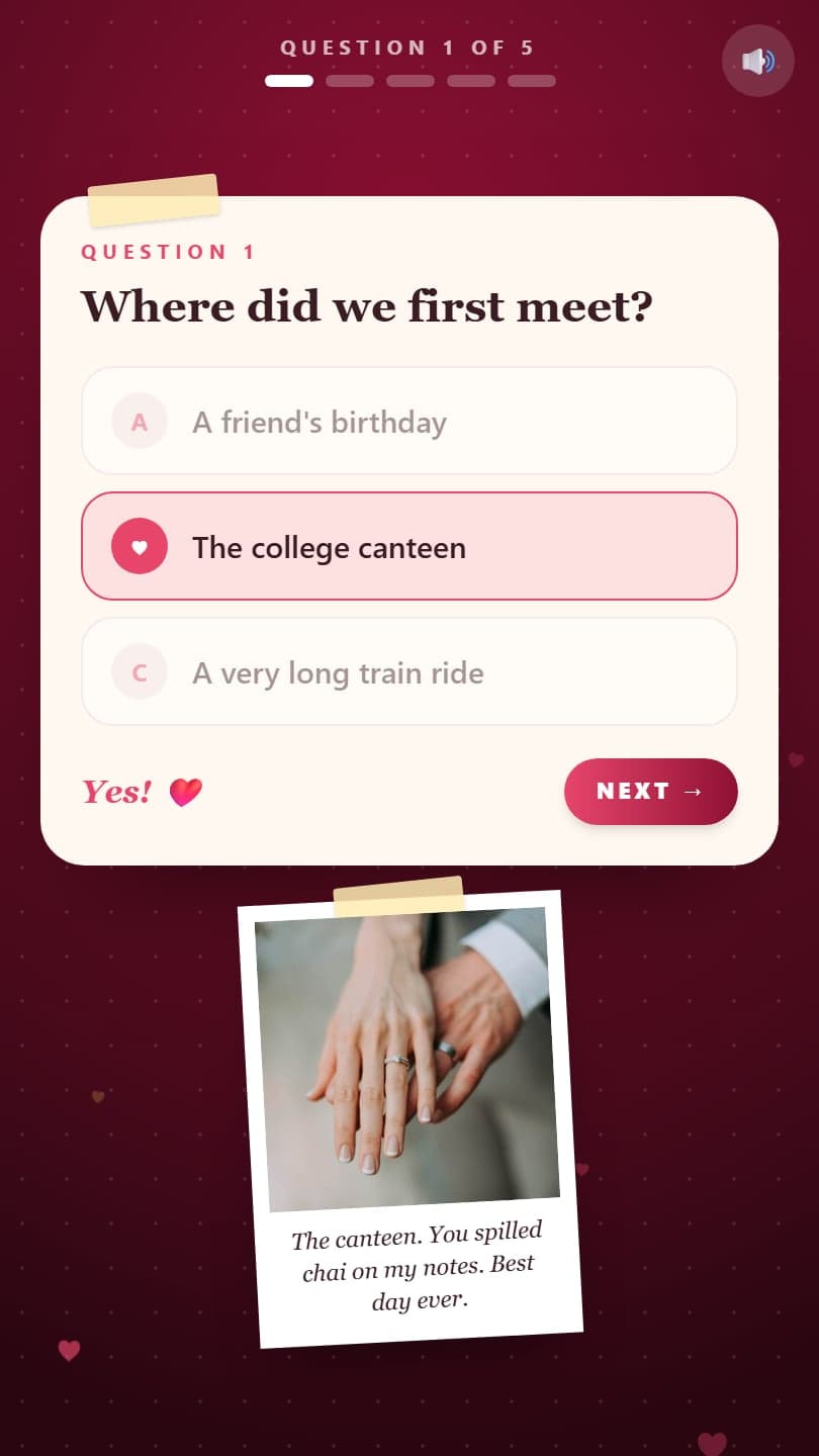 A quiz card asking Where did we first meet with the right answer highlighted and a polaroid photo with a handwritten caption beside it