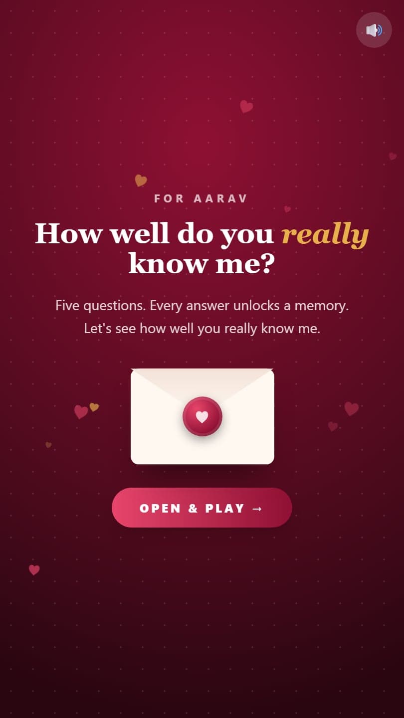 The Love Quiz card opens on a sealed cream envelope with a wax heart seal under the line How well do you really know me
