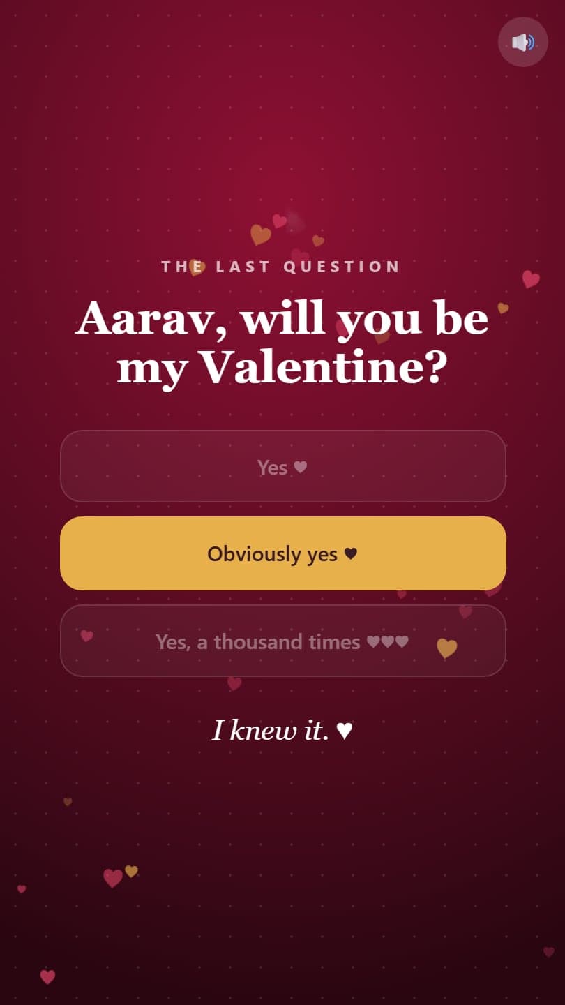 The last question of the card, Will you be my Valentine, with three answers that all say yes