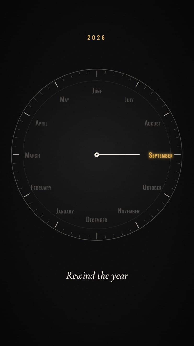A black clock face whose numerals are the twelve months, the hands pointing at September which glows gold, above the title Rewind the year
