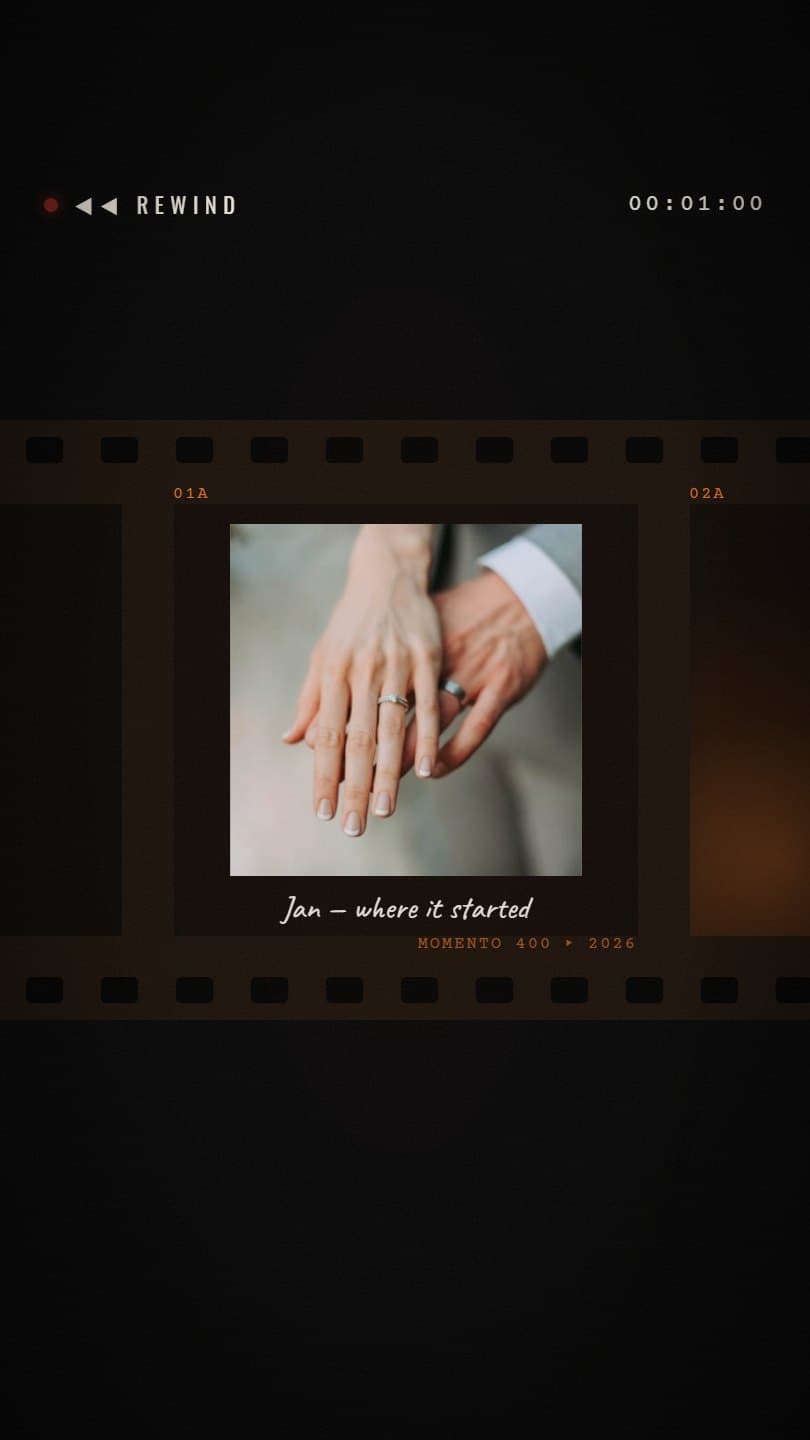 A 35 mm film strip across a black screen with a colour photo and the caption Jan, where it started, a REWIND label and the timecode 00:01:00